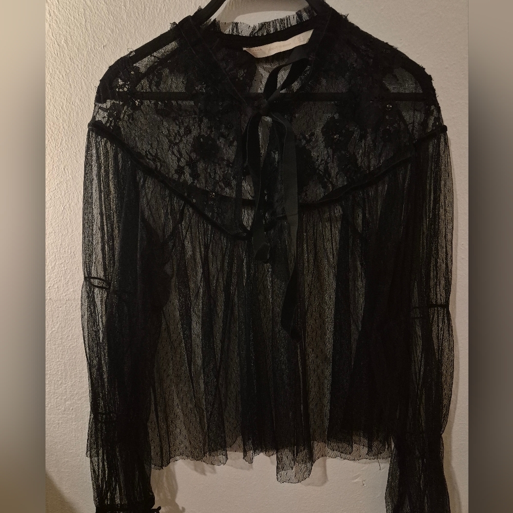 Zara Trafaluc Black Sheer Lace Tie Neck Blouse Size M
